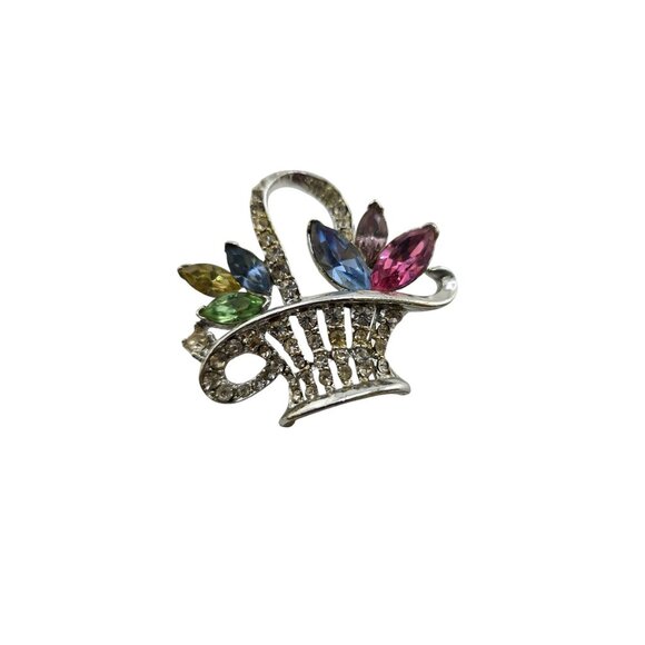 Vintage Rhinestone Flower Basket Brooch (A8108) - Picture 1 of 4